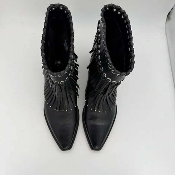 ZARA women’s Fringe Cowboy studded genuine leather Ankle Boots pull on Bootie 8 - Picture 4 of 9